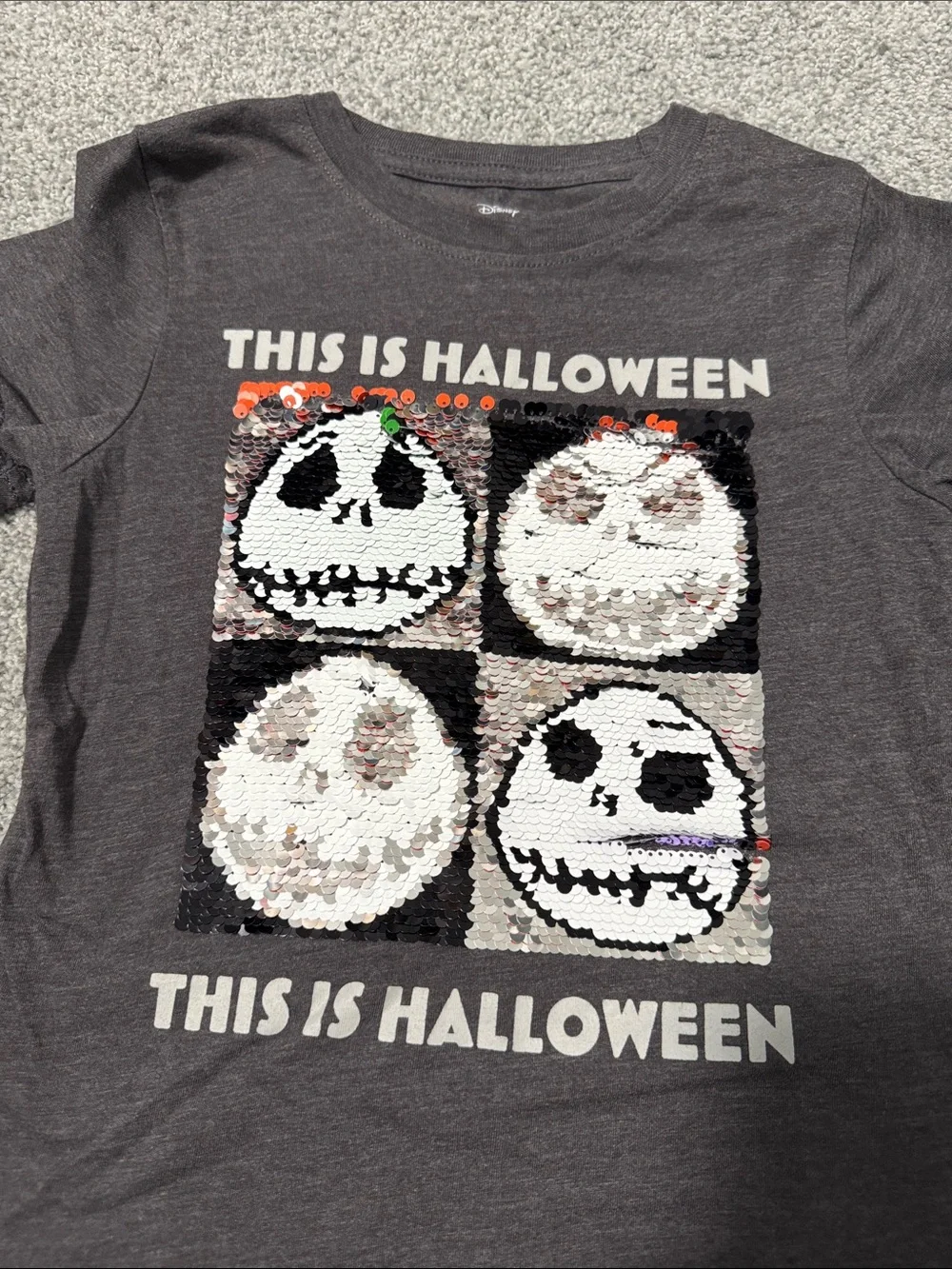 Disney Kids Halloween Sequin Tee - Gray with Orange, Green & Purple Skulls